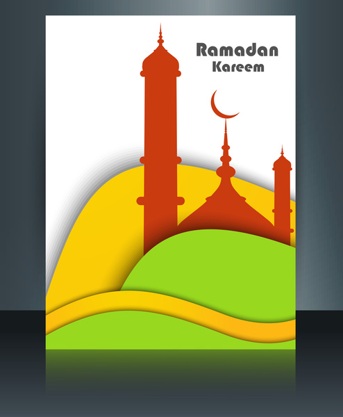 brochura de Mesquita de modelo vetorial com ilustração a onda colorida ramadan kareem