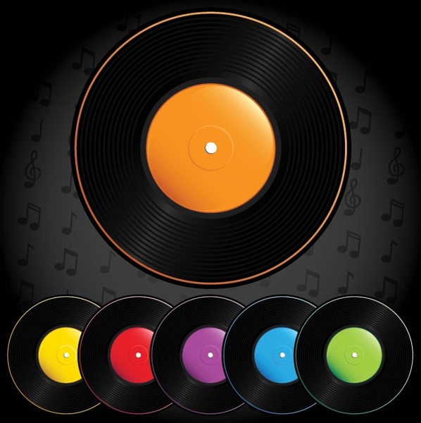 Vector Vinyl Audio Discs Multicolor Set On Grunge Background