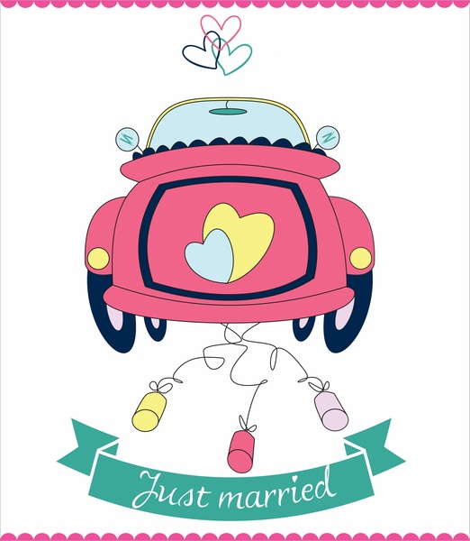 vetor casamento carros recém casados romântico de corações