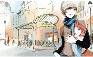 街背景にスケッチのベクター冬のファッションの女の子