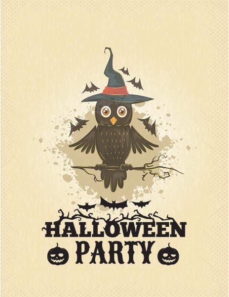 Vector Witch Owl Sitting On Branch Halloween Party Template