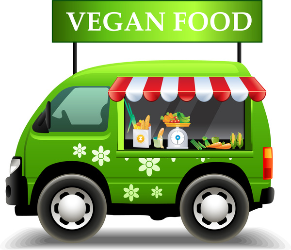 ilustração de cartaz de promoção de comida de vegan com carro verde