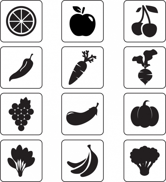 croqui de silhuetas de isolamento preto de ícones de frutas e vegetais.