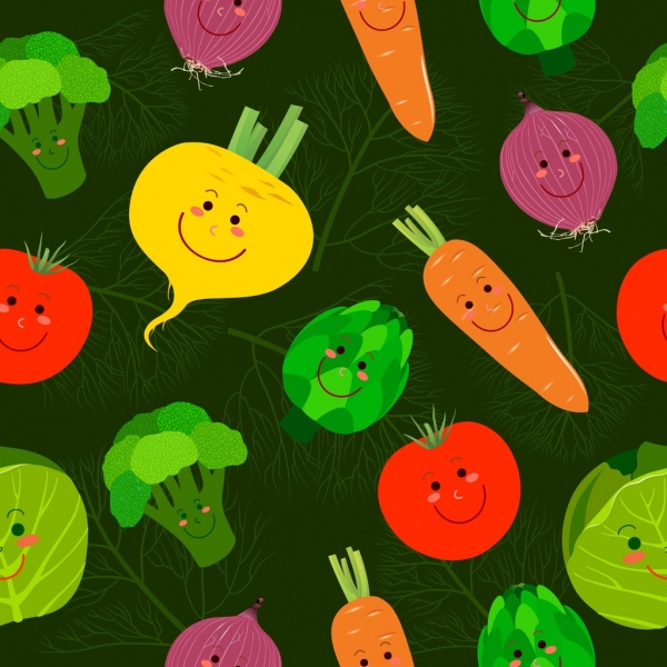 蔬菜背景色彩丰富风格化图标装饰重复设计