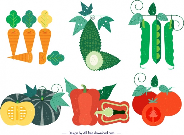 elemen desain sayuran dekorasi ikon retro berwarna-warni