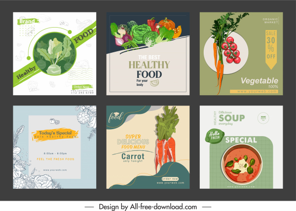 banner de publicidad de comida vegetal coloreado decoración clásica dibujada a mano