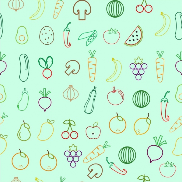 esboço de padrão de comida vegetal colorido design plano de repetição