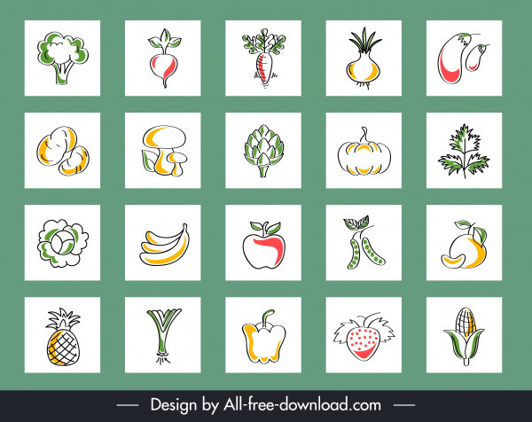 Gemüse Früchte Hintergrund flach handgezeichnetisolation Design