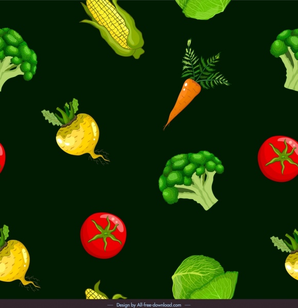 template pola sayuran dekorasi ikon berulang berwarna-warni gelap