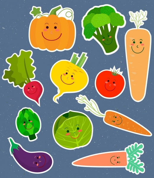Coleccion de stickers lindo rostro estilizado iconos vegetales