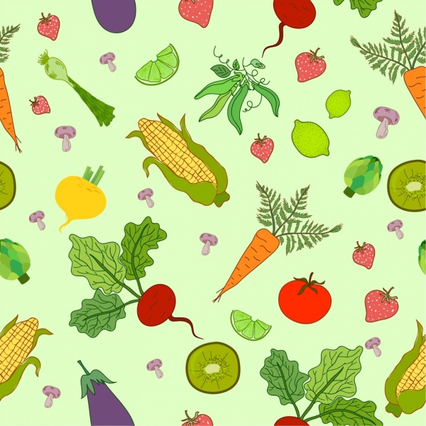 野菜背景の多色アイコン装飾手描きデザイン