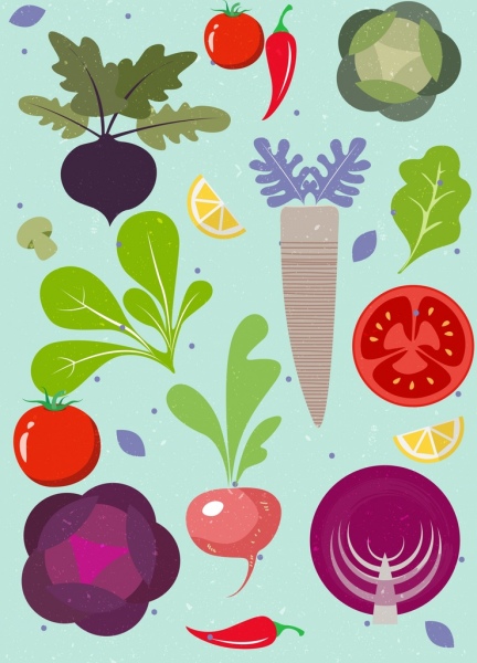 sayuran latar belakang berwarna-warni datar ikon desain