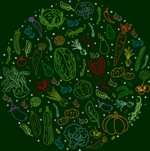 sayuran latar belakang berwarna-warni handdrawn sketsa lingkaran tata letak