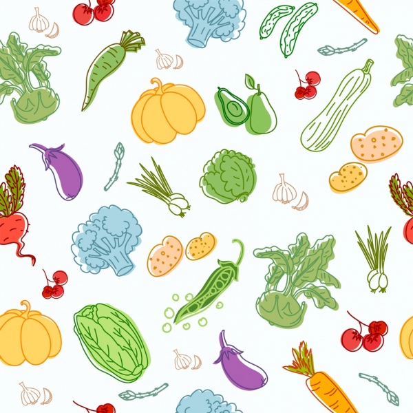 sayuran latar belakang warna-warni ikon handdrawn sketsa