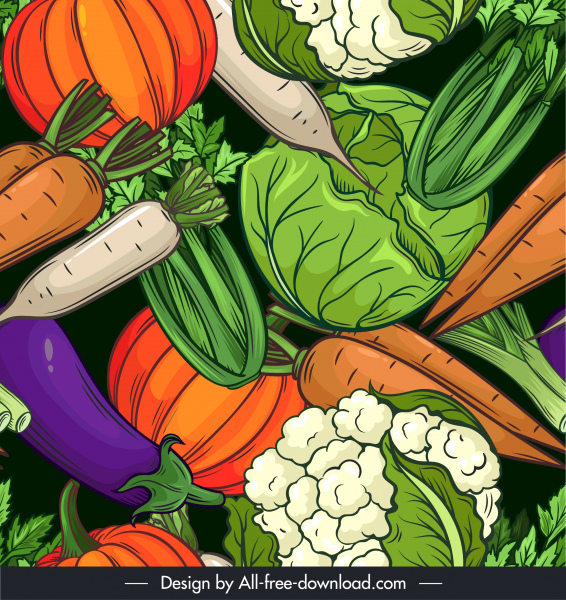 sayuran latar belakang Template warna-warni retro datar handdrawn
