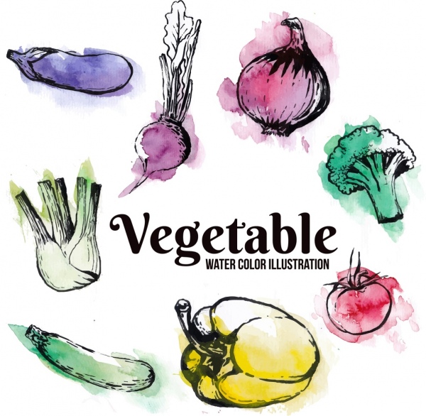 ícones de ingredientes grunge watercolored decoração de fundo de legumes