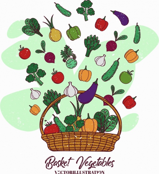 野菜バスケットの背景カラフルなレトロなデザイン