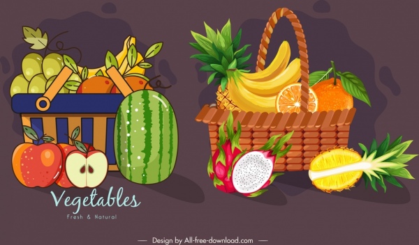 vegetais cestas ícones escuro colorido design clássico