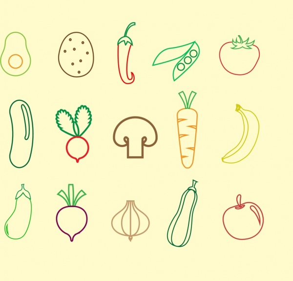 ícones de frutas legumes esboço design plano colorido