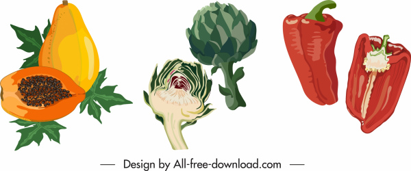 buah sayuran ikon berwarna klasik digambar digambar sendiri datar