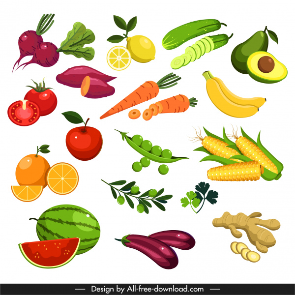 ผักผลไม้ผลไม้ไอคอนการออกแบบที่ทันสมัยที่มีสีสัน