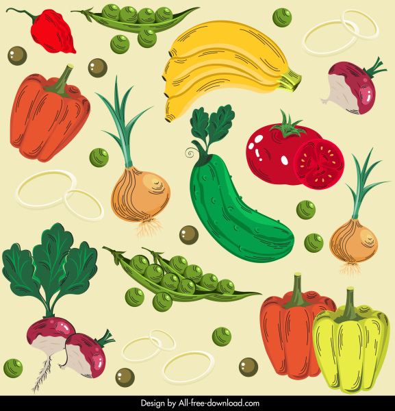 pola buah sayuran dekorasi klasik berwarna-warni