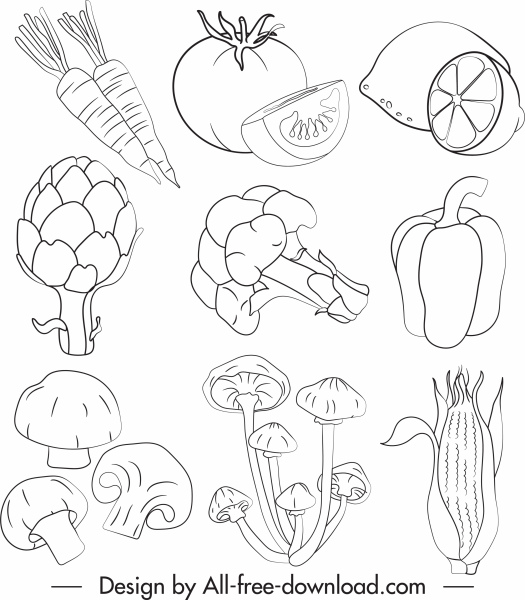 Gemüse-Symbole schwarz weiß handgezeichnete Umriss
