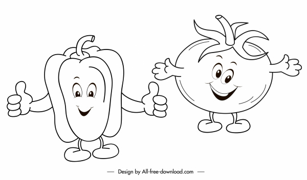 야채 아이콘 칠리 토마토 스케치 양식에 일치시키는 핸드 그린 스케치