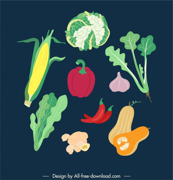 Gemüse Ikonen bunte flache Retro handgezeichnete Skizze