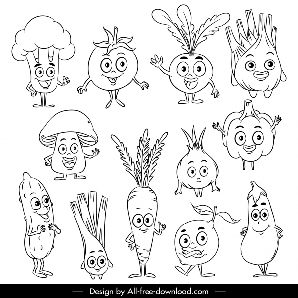 Gemüse-Ikonen niedlich stilisierte Skizze schwarz weiß handgezeichnet