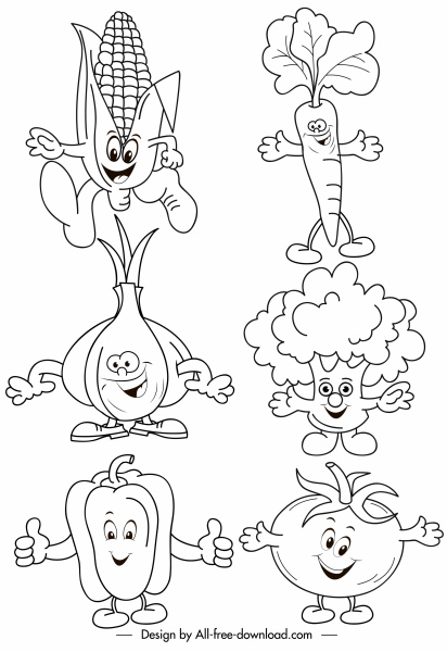 vegetales iconos divertidos estilizados dibujados a mano dibujos animados dibujos animados