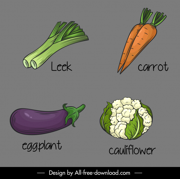 овощи иконы handdrawn лук-порей морковь баклажаны цветной капусты эскиз