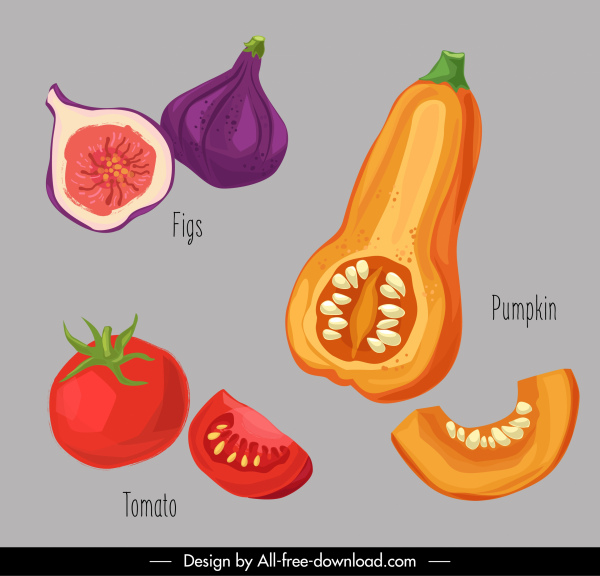 Gemüse-Ikonen retro handgezeichnete Feigen Tomaten-Kürbis-Skizze