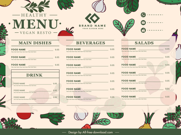 modelo de menu vegetais colorido clássico esboço desenhado à mão