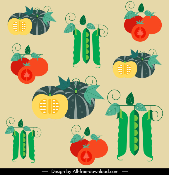 야채 패턴 화려한 플랫 호박 토마토 콩 스케치