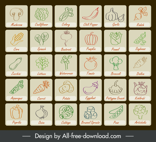 vegetales etiquetas iconos colección dibujado a mano boceto plano