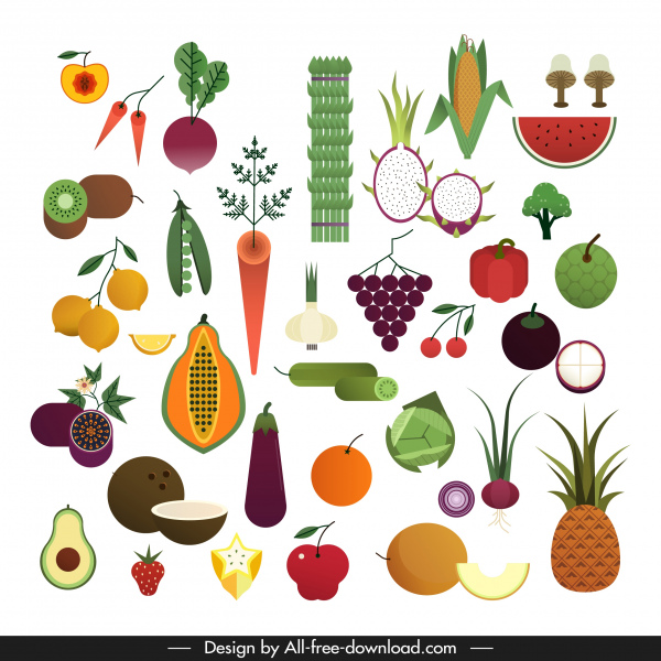 vegetarian bahan ikon benda-benda berwarna-warni sketsa