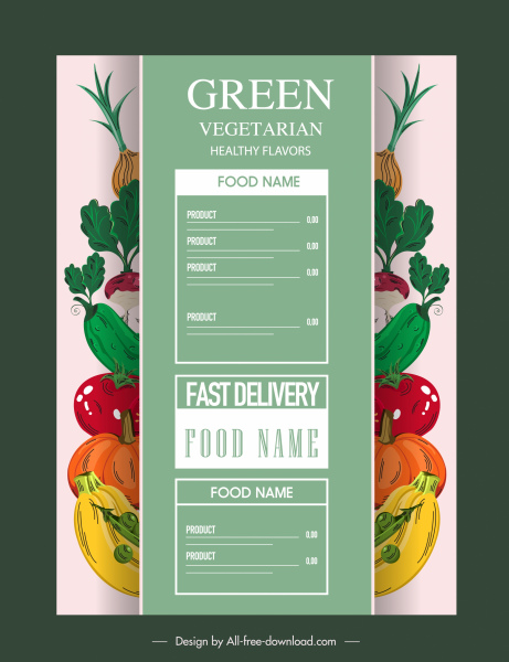template penutup menu vegetarian warna-warni sketsa sayuran klasik