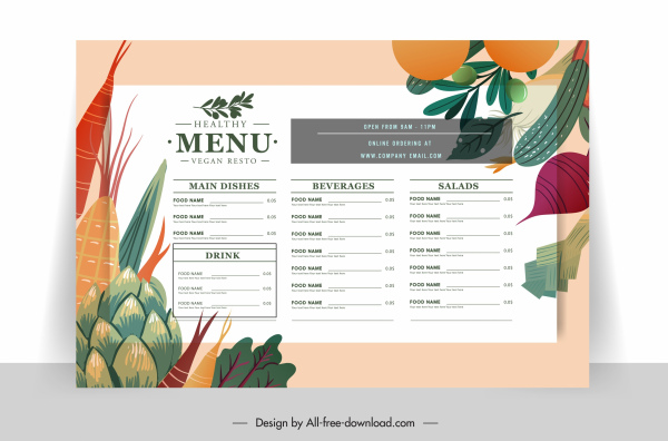 template menu vegetarian warna-warni sketsa sayuran datar klasik