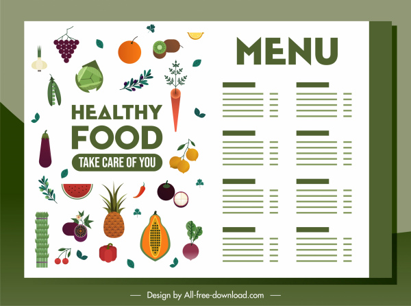 modèle de menu végétarien décor coloré de légumes de fruits