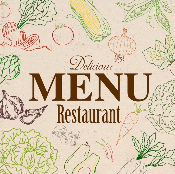 La plantilla de menu vegetariano hortaliza icono sketch