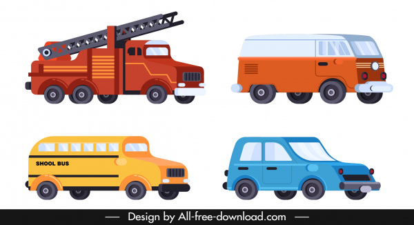 desenho de carro caminhão ônibus van de fogo de ícones de veículos