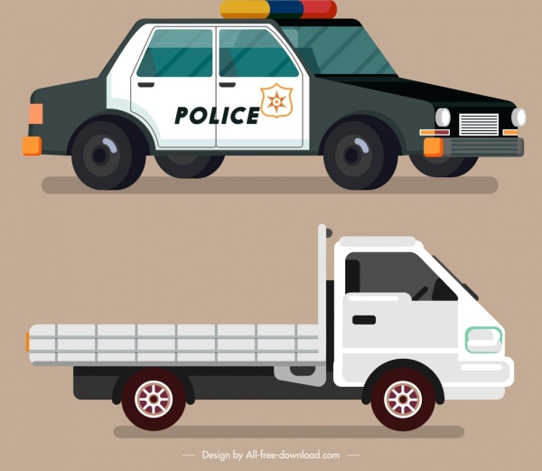 ikon kendaraan truk mobil polisi sketsa desain berwarna