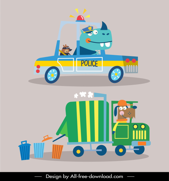 ícones de veículos polícia lixo lixo esboço carros
