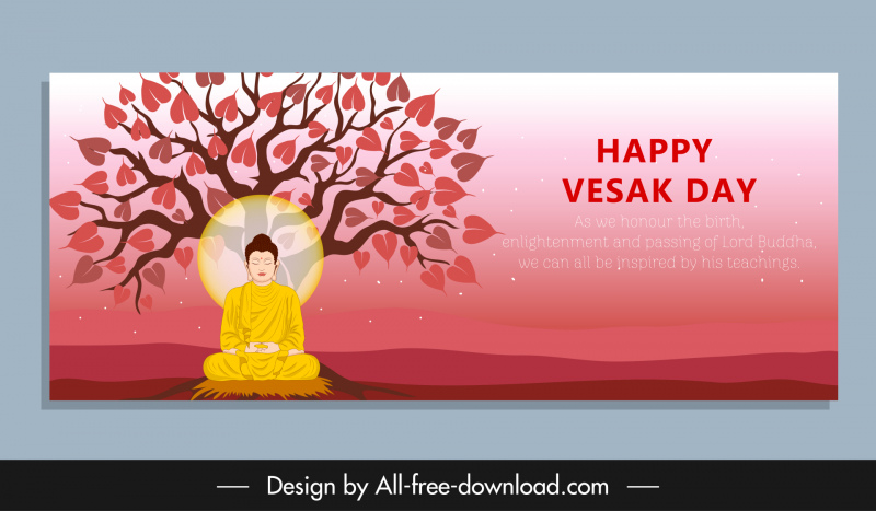 Plantilla de banner del día de Vesak Buda Bo meditando boceto del árbol
