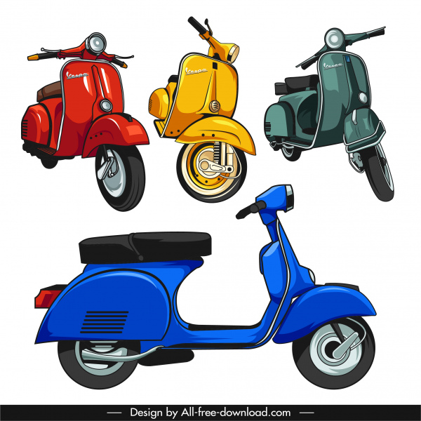 ícones de motocicleta vespa coloridos clássico 3d esboço