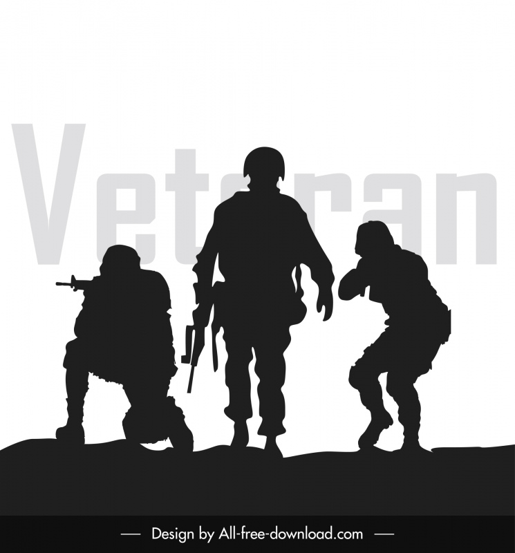 tropas veteranas banner modelo silhuetas planas escuras esboço