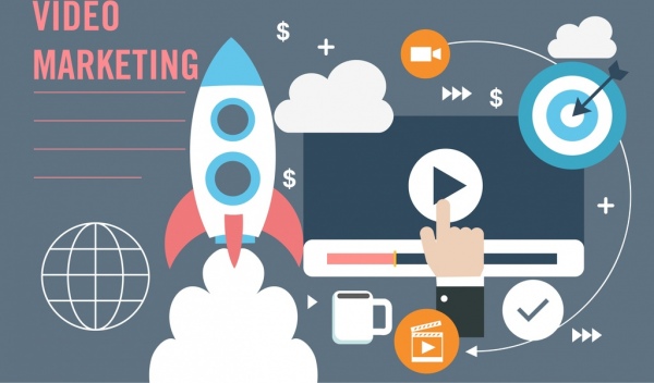 видео маркетинг баннер космический корабль экран бизнес иконки декор