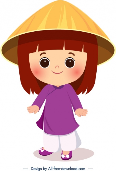 ícone de menina do Vietnã roupa tradicional modelo bonito dos desenhos animados