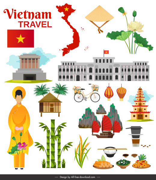 Vietnam cartel de viaje símbolos nacionales esbozan decoración colorida
